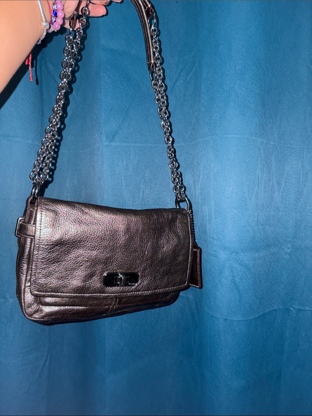 Coach Classic Metallic Black Leather Shoulder Bag with Chain Strap